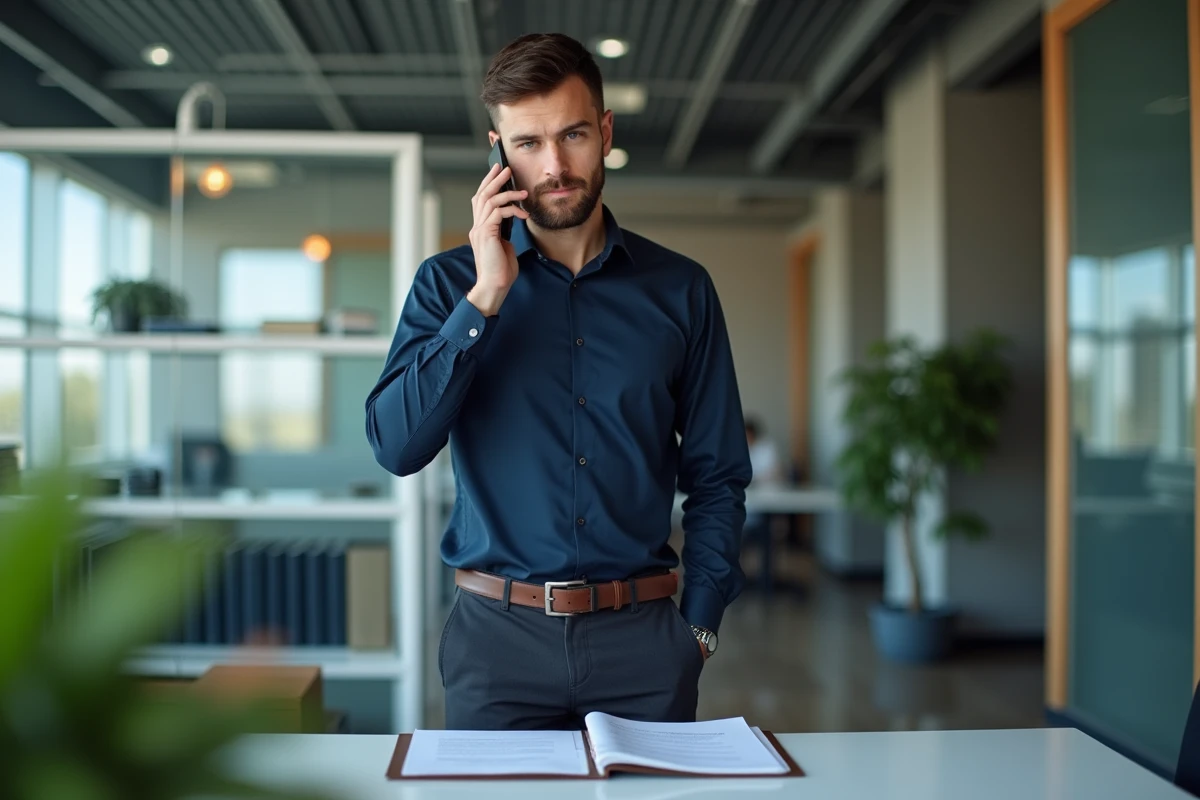Jeune homme professionnel parle au téléphone dans un bureau organisé