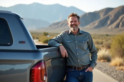 Homme souriant devant un pickup 2026 en paysage rural