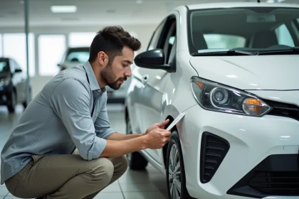Homme examinant le prix d'une voiture neuve compacte dans une concession automobile