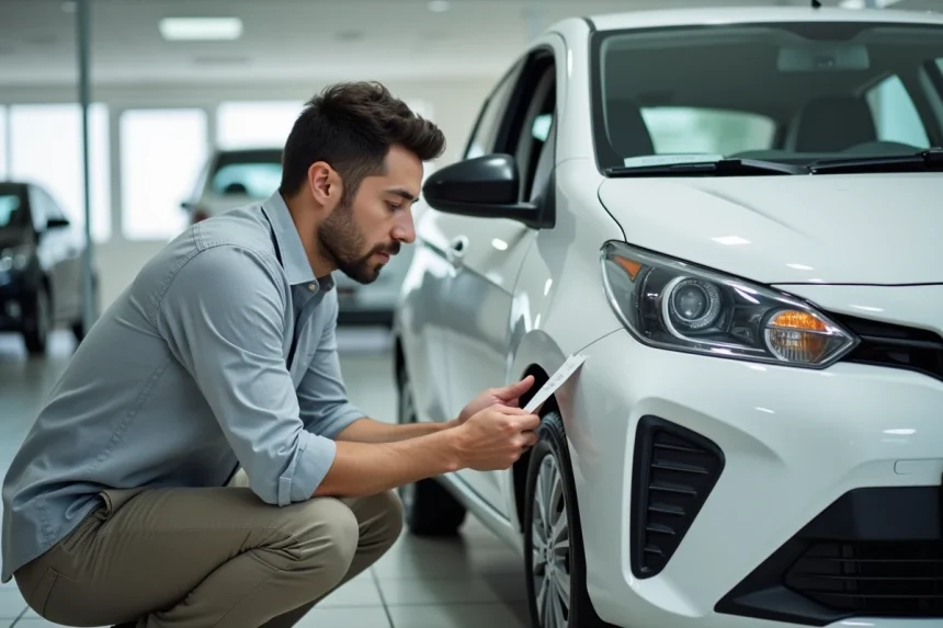 Homme examinant le prix d'une voiture neuve compacte dans une concession automobile