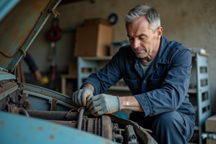 Homme d'âge moyen révisant une Citroën P1351 dans un garage