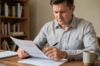 Homme lisant attentivement un document de résiliation d'assurance moto à son bureau à domicile
