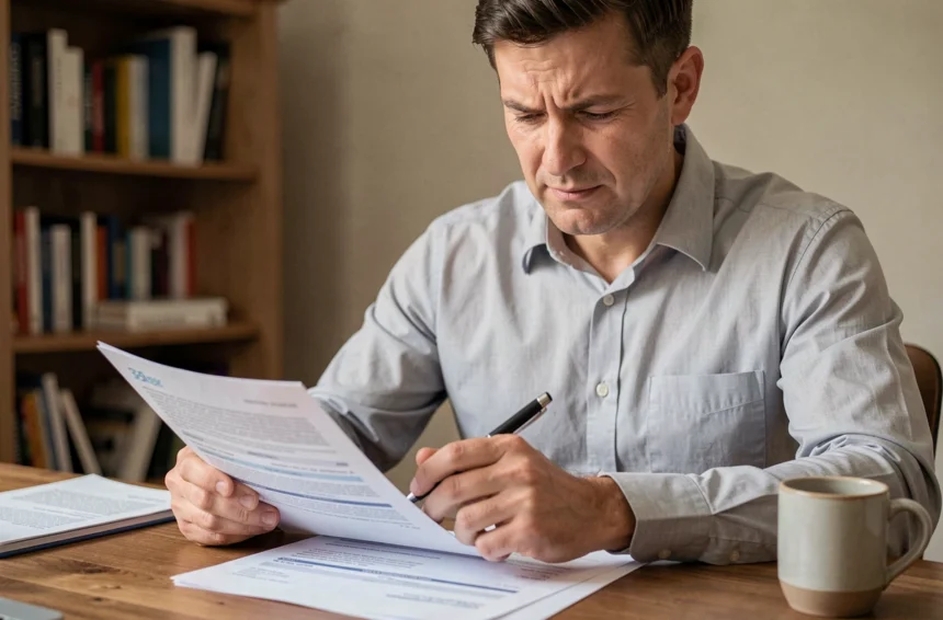 Homme lisant attentivement un document de résiliation d'assurance moto à son bureau à domicile