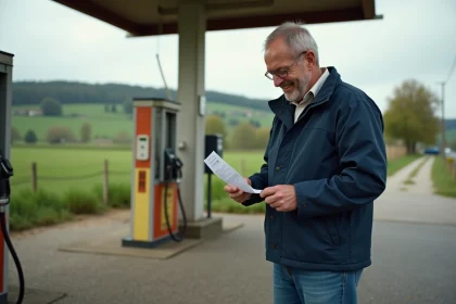 Homme souriant près d'une station essence rurale en France