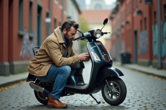 Homme d'âge moyen inspectant son scooter 50cc en ville