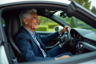 Homme âgé au volant d'une voiture de luxe élégante