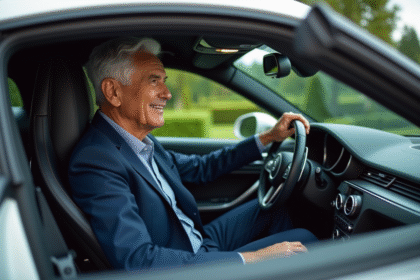 Homme âgé au volant d'une voiture de luxe élégante