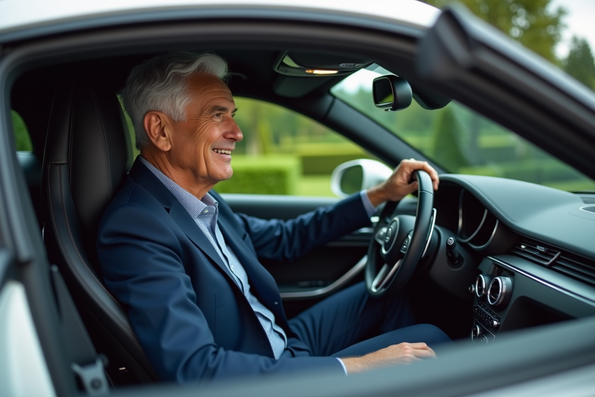 Homme âgé au volant d'une voiture de luxe élégante