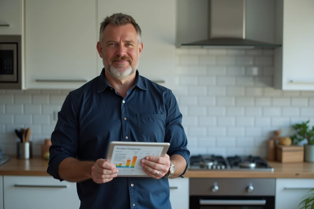 Homme consultant un comparatif de fiabilité de produits récents sur une tablette dans sa cuisine