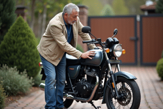 Homme examine une moto 125cc en extérieur dans une cour