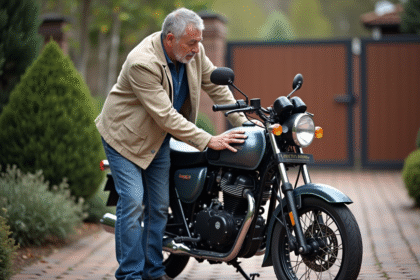 Homme examine une moto 125cc en extérieur dans une cour