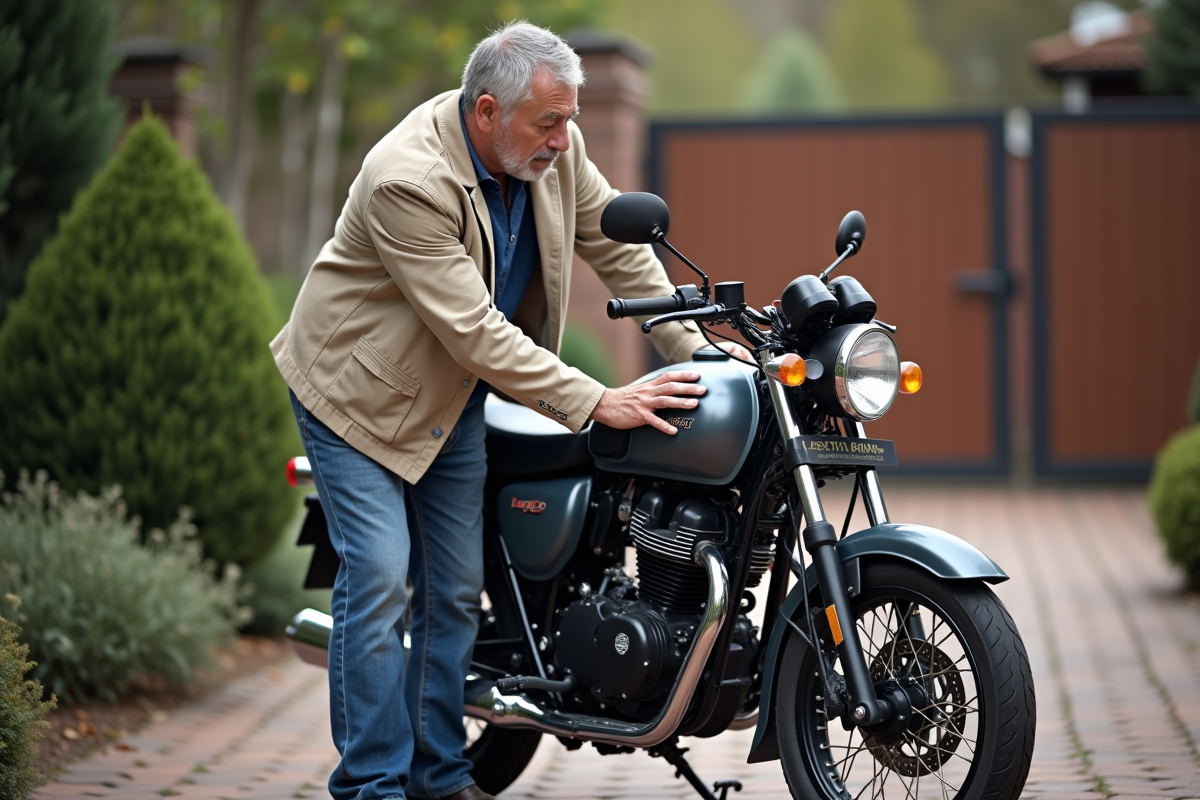 Homme examine une moto 125cc en extérieur dans une cour