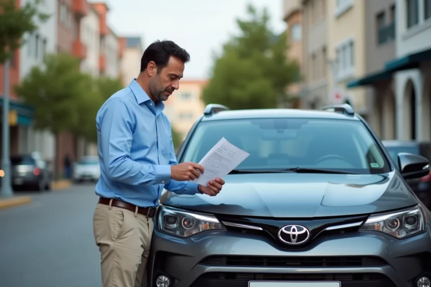 Homme vérifiant un document de voiture devant un SUV Toyota