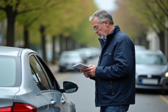 Homme vérifiant la plaque d'immatriculation d'une voiture