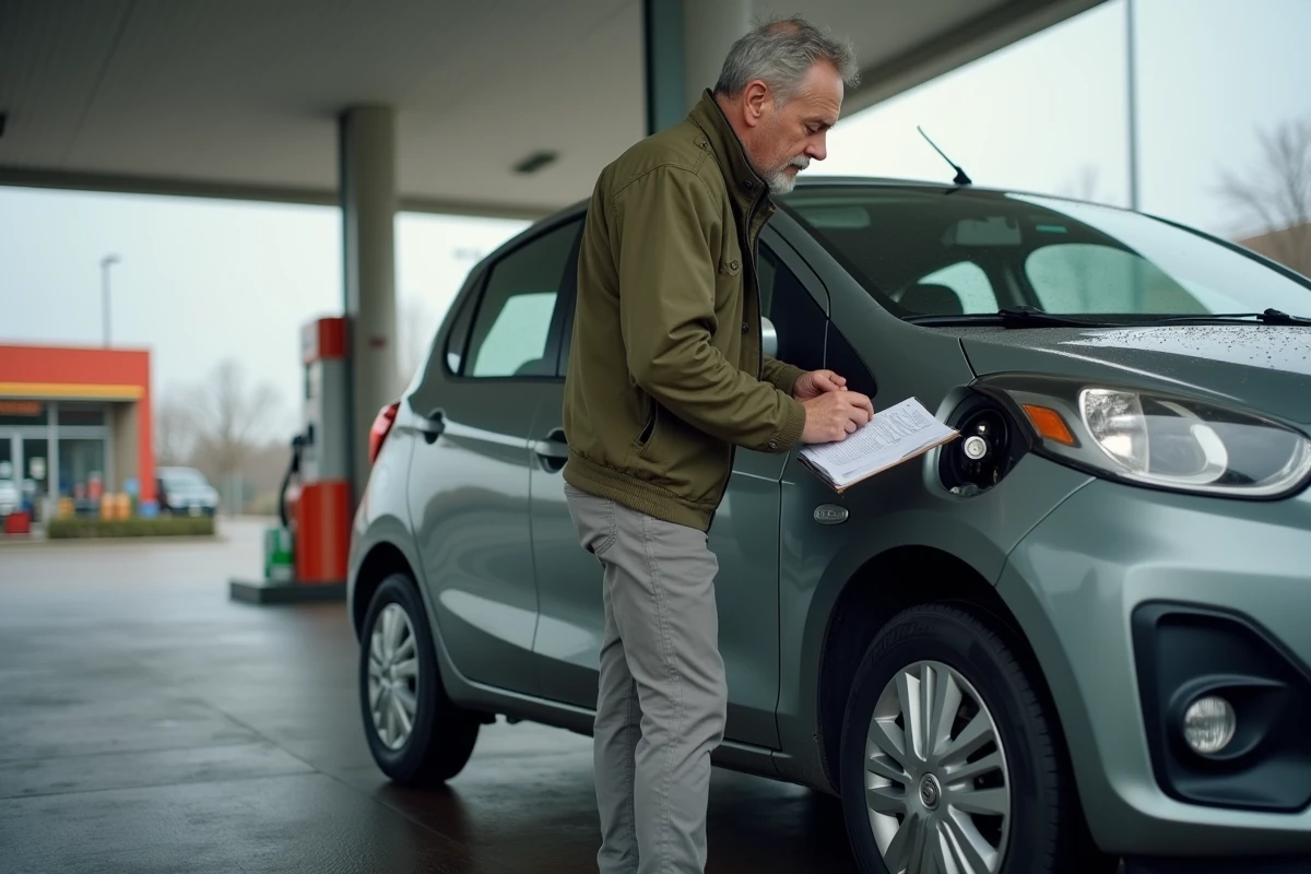 Homme vérifiant la pression des pneus pour économiser du carburant et réduire le coût d'un trajet en voiture