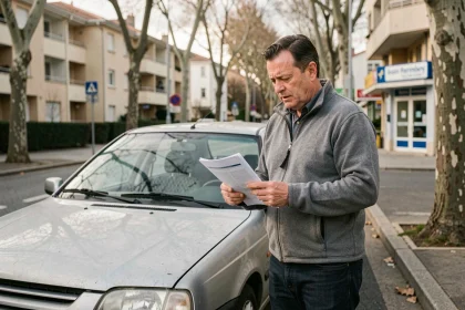 Homme examinant un document à côté de sa vieille voiture diesel dans une rue de banlieue française après l'annulation de la ZFE