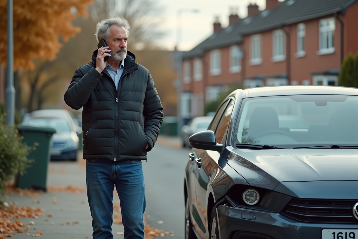 Homme regardant une bosse sur sa voiture