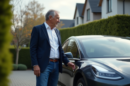Homme d'âge moyen ouvrant une voiture électrique dans un quartier résidentiel