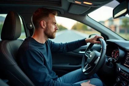 Homme d'âge moyen examine le tableau de bord numérique d'une voiture