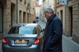 Homme regardant une voiture avec plaque L à Luxembourg
