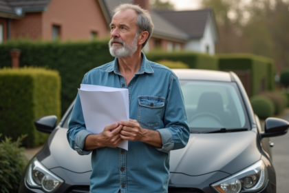 Homme d'âge moyen avec documents d'assurance devant sa voiture