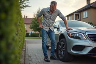 Homme d'âge moyen examinant un pneu crevé devant sa voiture