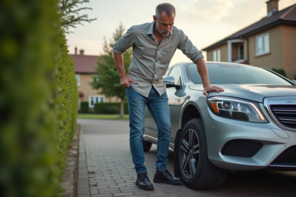 Homme d'âge moyen examinant un pneu crevé devant sa voiture