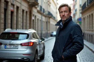 Homme pointant une plaque d'immatriculation roumaine sur une voiture