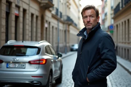 Homme pointant une plaque d'immatriculation roumaine sur une voiture