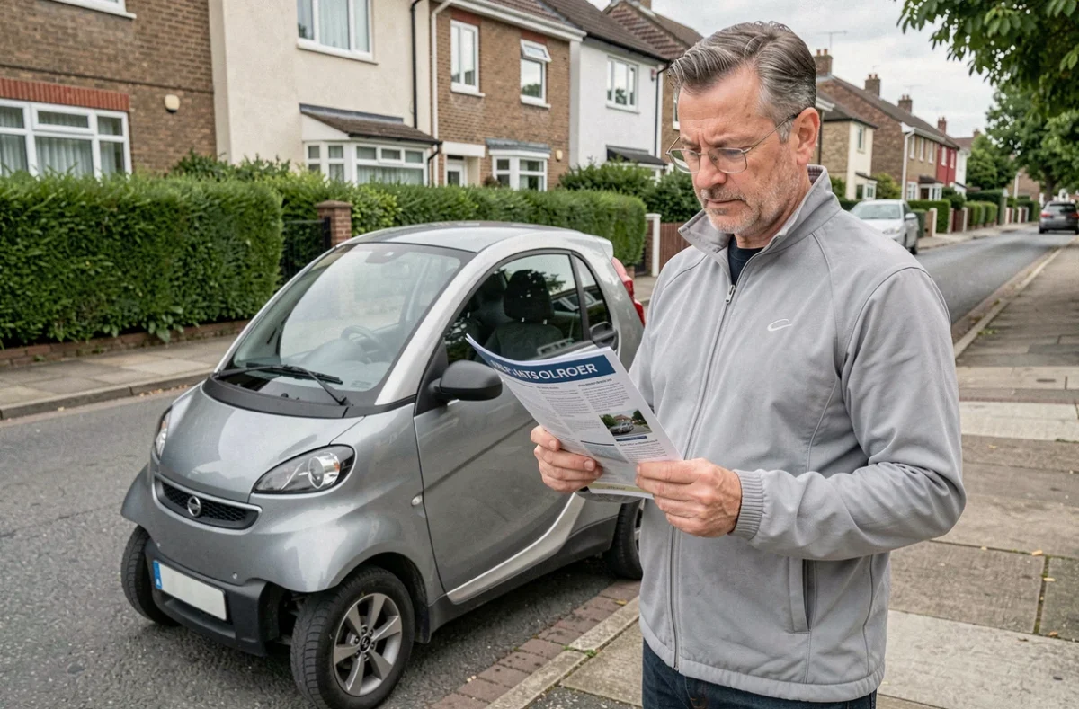 Homme tenant une brochure de financement à côté d'une voiture sans permis électrique dans une rue résidentielle