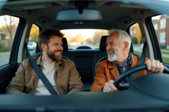 Deux hommes en voiture partageant un moment convivial