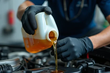 Mécanicien versant de l'huile moteur dans le compartiment moteur d'une Peugeot 208 essence en atelier