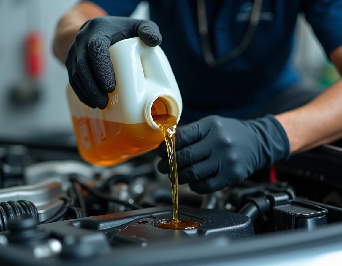 Mécanicien versant de l'huile moteur dans le compartiment moteur d'une Peugeot 208 essence en atelier