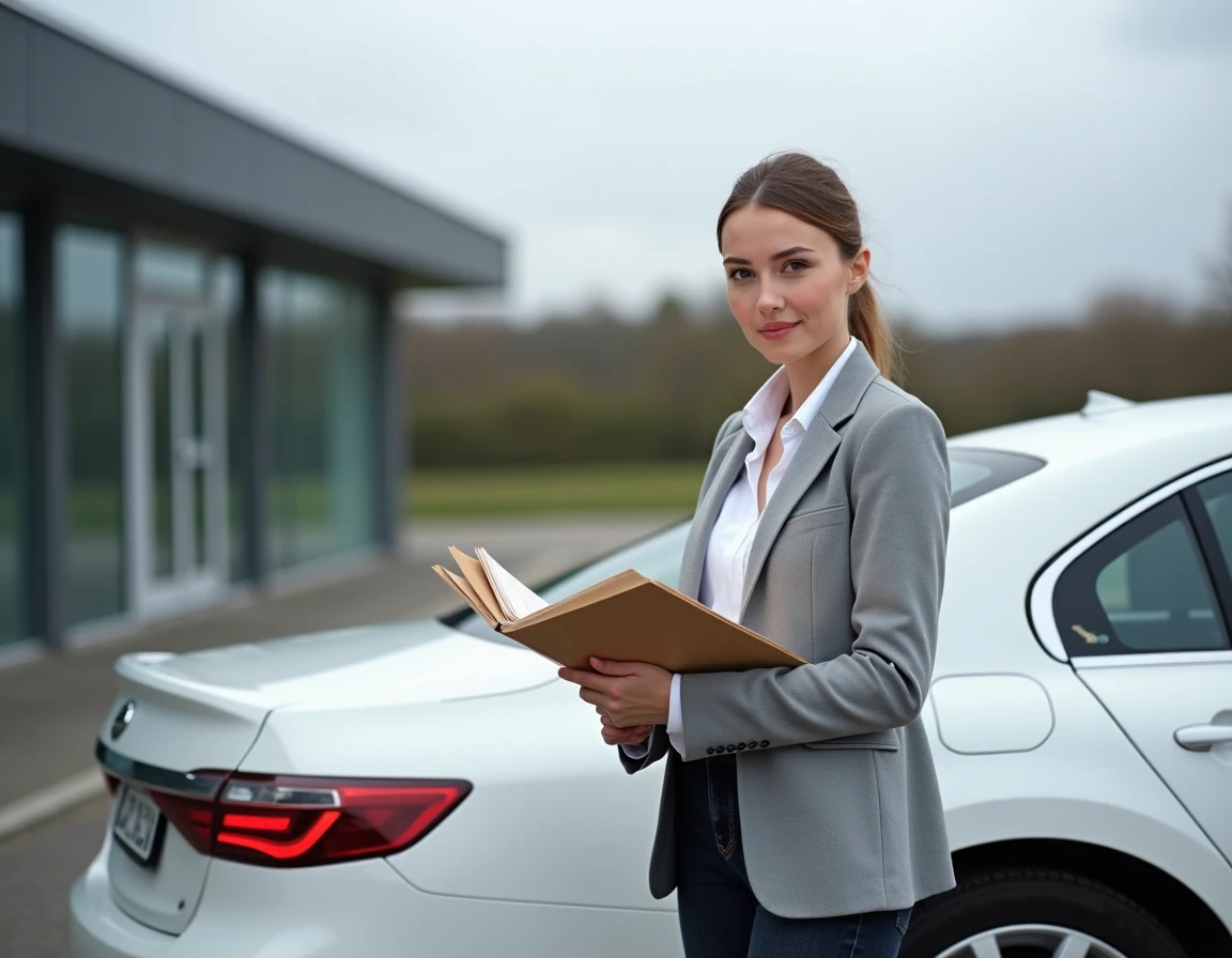 Femme tenant des documents administratifs pour l'immatriculation de sa voiture devant un centre d'enregistrement belge