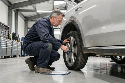 Inspecteur automobile professionnel examinant la carrosserie d'un SUV en garage avant achat pour éviter les mauvaises surprises
