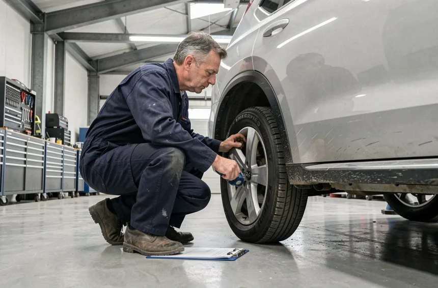 Inspecteur automobile professionnel examinant la carrosserie d'un SUV en garage avant achat pour éviter les mauvaises surprises