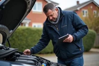 Homme inspectant le moteur d'une voiture en extérieur