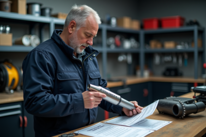 Homme inspectant un silencieux de moto dans un garage
