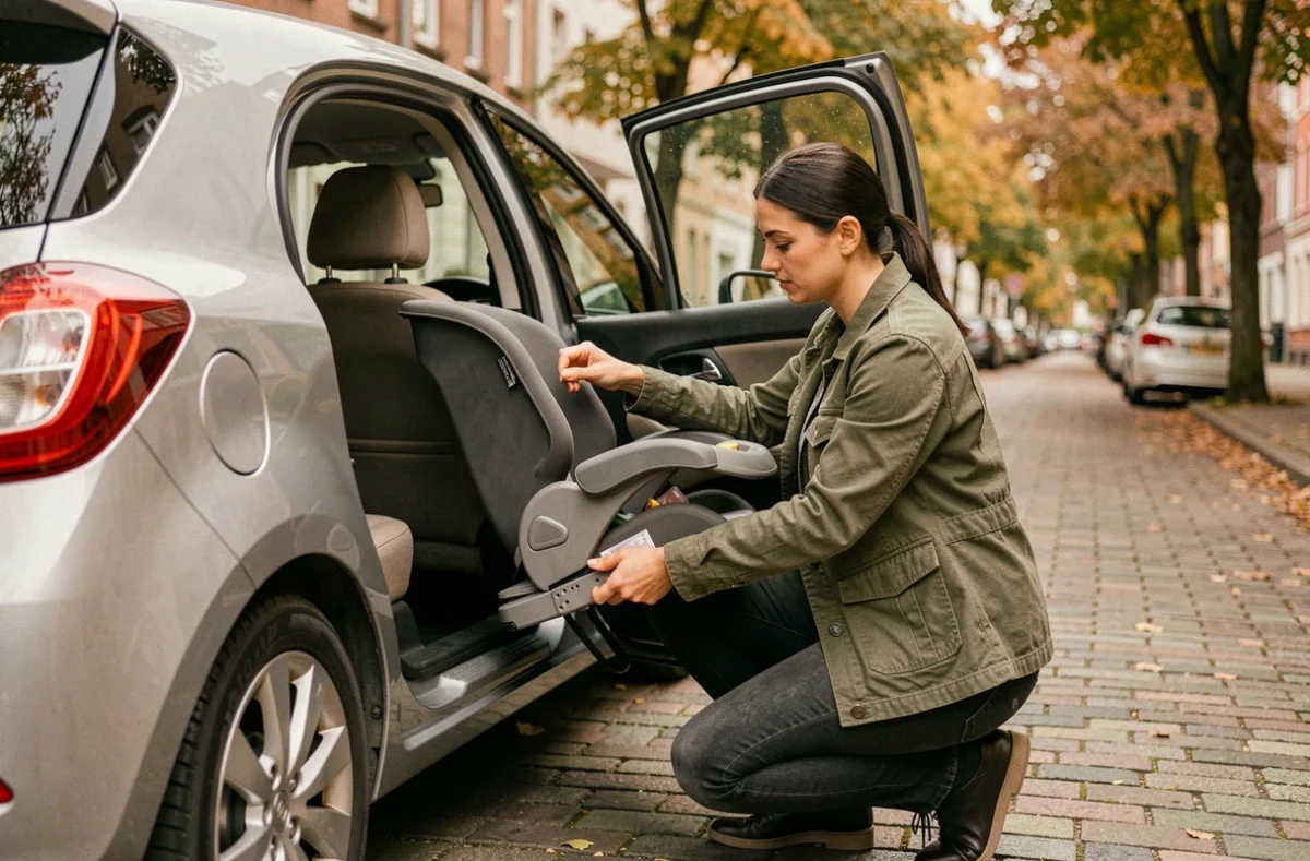 Mère installant un rehausseur dans une petite voiture compacte garée dans une rue résidentielle
