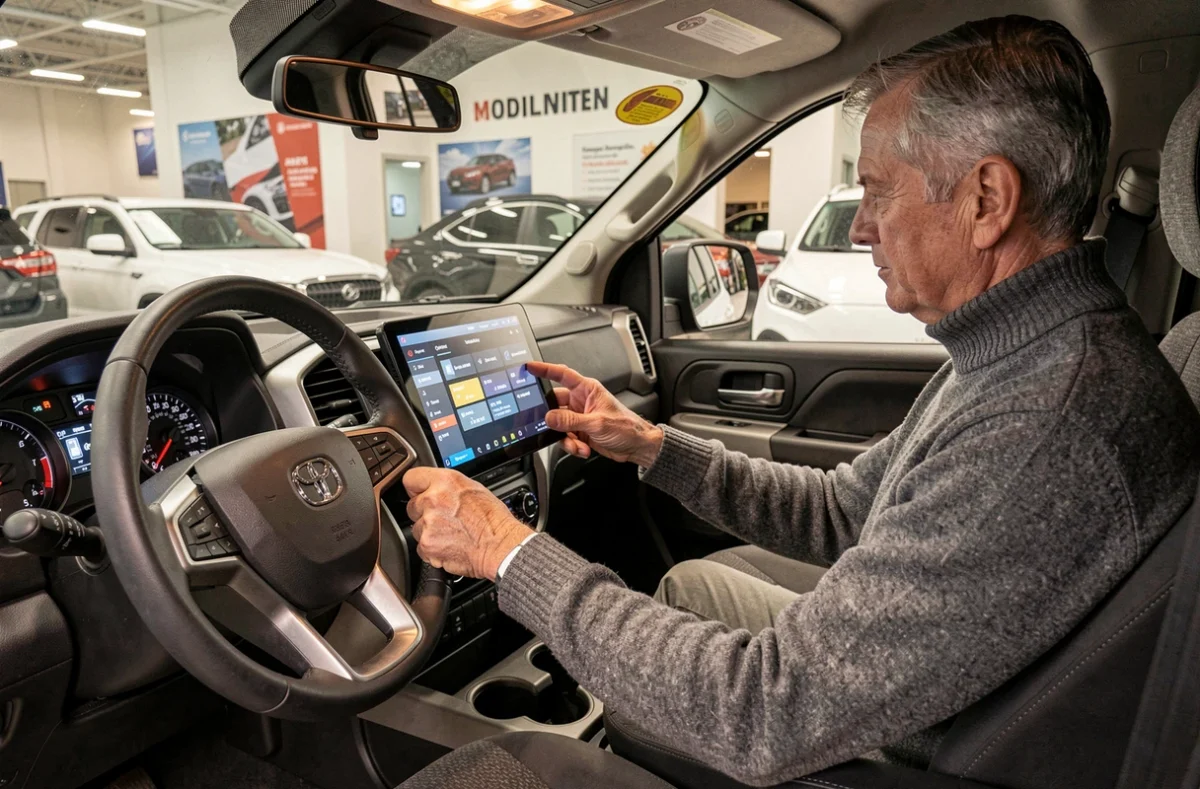 Intérieur d'une voiture sans permis pick-up avec écran de configuration des options et tarifs