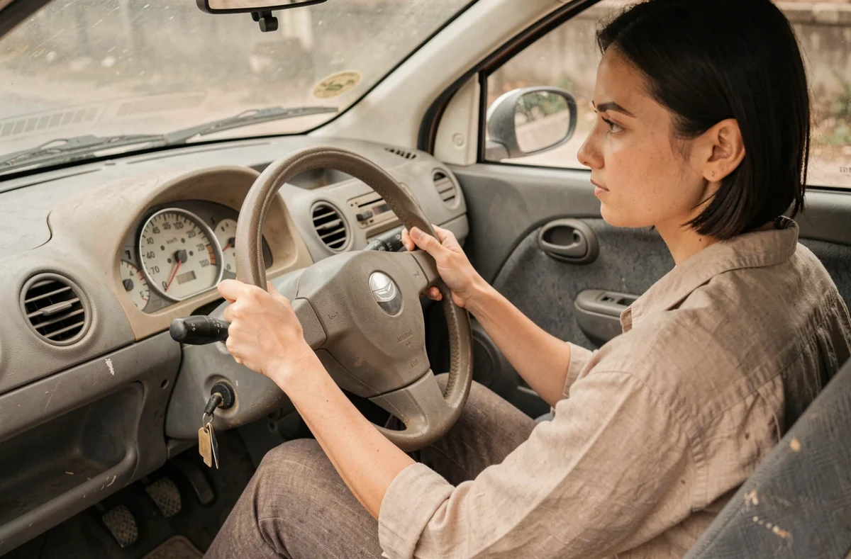 Intérieur d'une voiturette d'occasion avec tableau de bord et conductrice à Angers