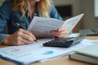 Jeune adulte étudiant un livret BSR avec calculatrice