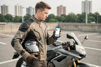 Jeune conducteur moto 600 comparant des offres d'assurance sur son smartphone à côté de sa moto sportive