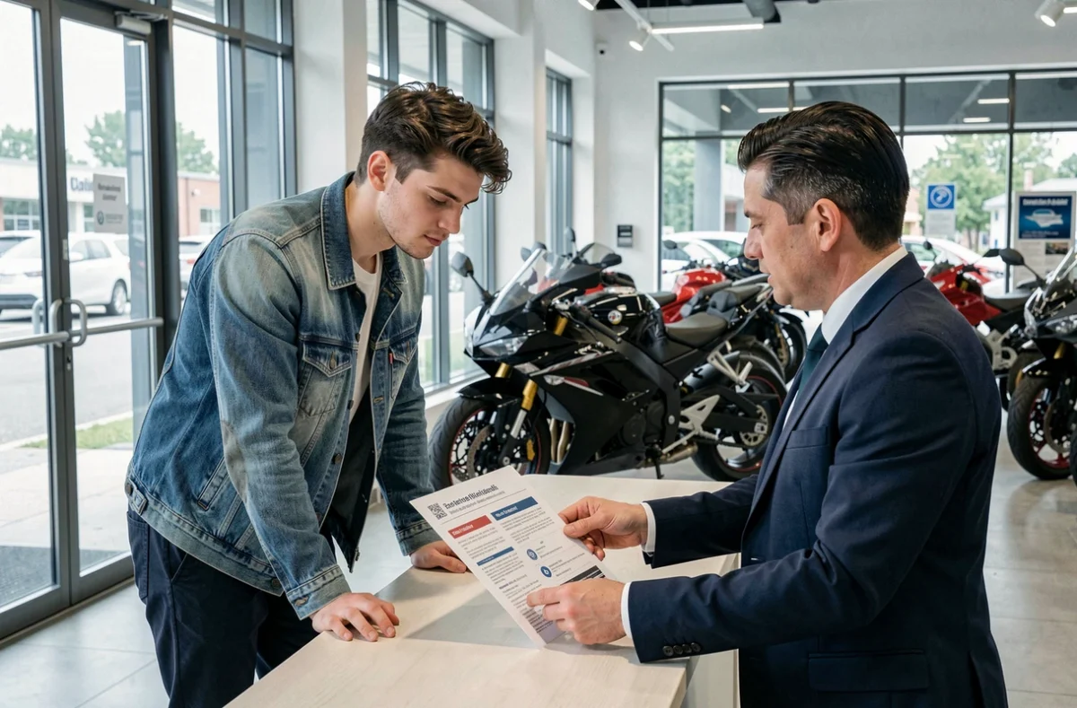 Jeune conducteur en concession moto discutant des options d'assurance moto 600 avec un conseiller