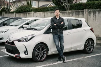Jeune conducteur en veste sombre appuyé contre une Toyota Yaris Sport blanche dans un parking urbain