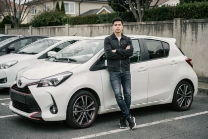 Jeune conducteur en veste sombre appuyé contre une Toyota Yaris Sport blanche dans un parking urbain