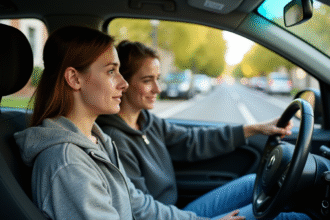Jeune conducteur de 17 ans dans une voiture d'ecole de conduite