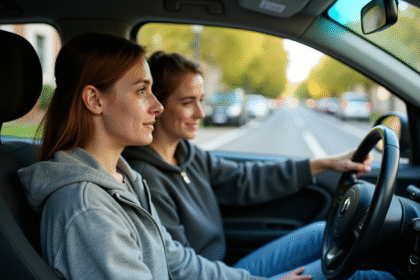 Jeune conducteur de 17 ans dans une voiture d'ecole de conduite