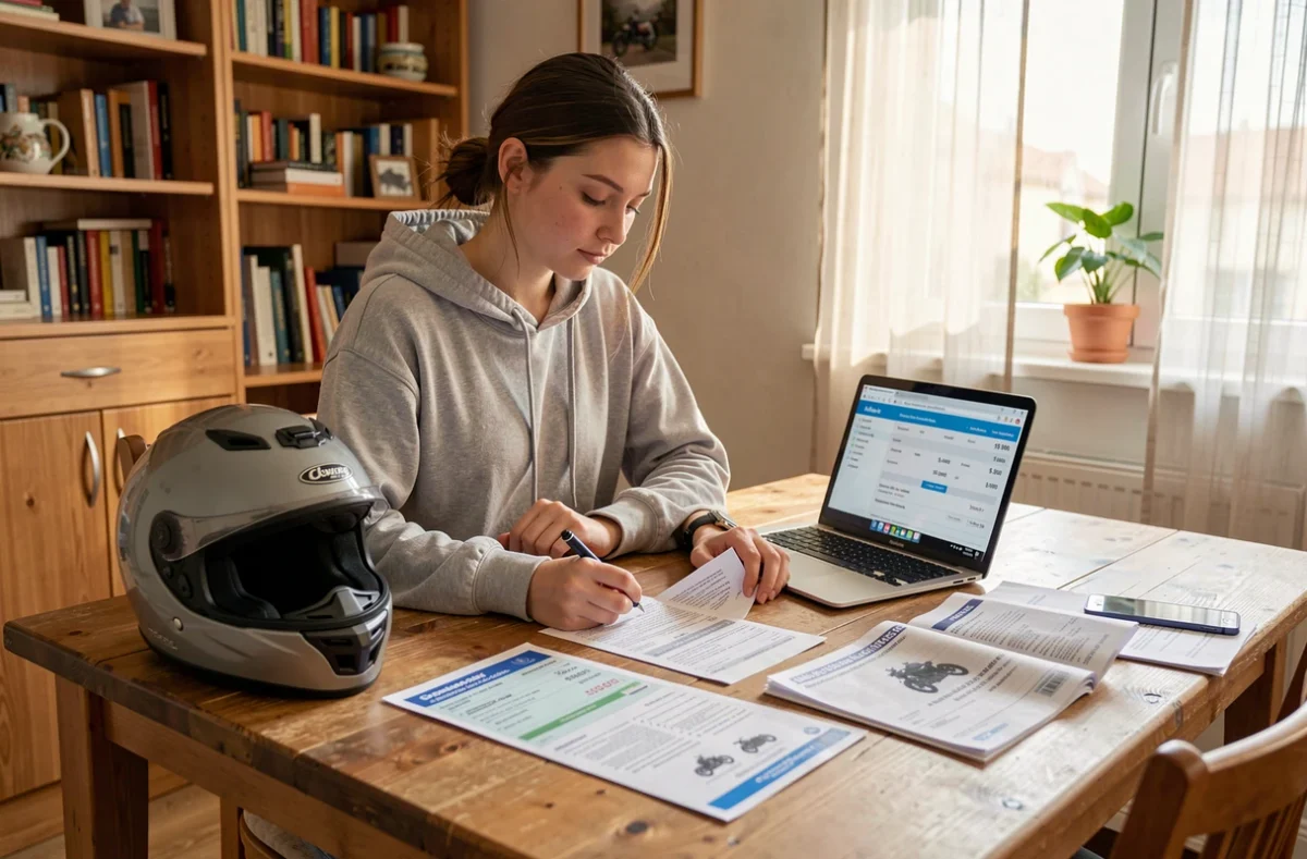 Jeune femme conductrice étudiant son contrat d'assurance moto 600 à la maison avec son casque posé sur la table