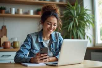 Jeune femme souriante avec ordinateur dans la cuisine